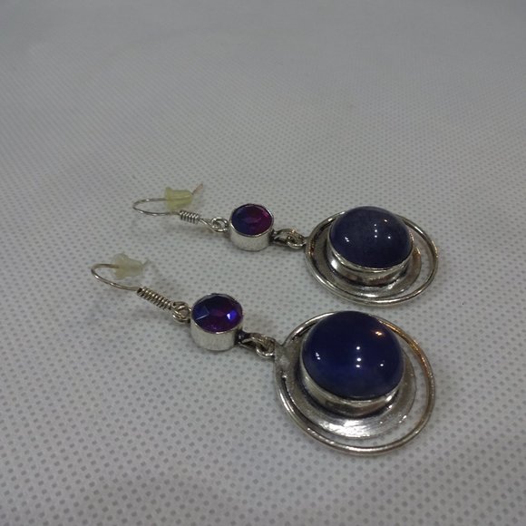 Modern "BLUE AVENTURINE & BI-COLOR TOURMALINE" Handmade Sterling Dangle Earrings - Picture 1 of 3